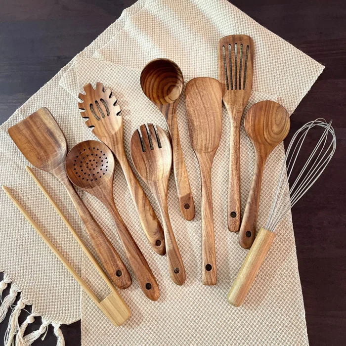 100% Teak Wooden Cooking Utensils - 10-Piece Set - Image 2